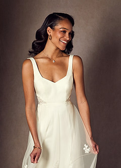Azazie Ebony Abiti da Sposa Abito A-Line in Raso con Retro in Crepe Lustrini Crema image7