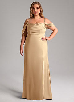 Azazie Saige Bridesmaid Dresses Champagne Sheath Off the Shoulder Stretch Satin Dress image15
