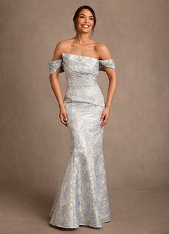 Azazie Nettie At-home Try On Dresses Dusty Blue Mermaid Off the Shoulder Jacquard Dress image1