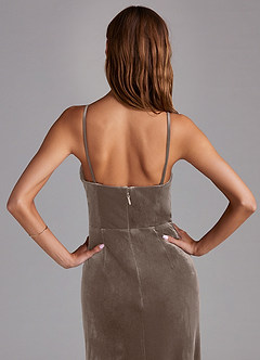 Azazie Maci Bridesmaid Dresses Silver Taupe Sheath Pleated Velvet Dress image5