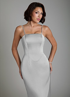 Azazie Fallyn Vestidos de damas de honor Vestido Plata de Satén Elástico de Corte Recto con Corsé image3