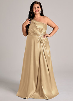 Azazie Brooke Bridesmaid Dresses Champagne A-Line One Shoulder Metallic Satin Dress image3