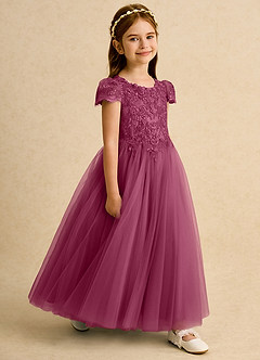 Azazie Puff Flower Girl Dresses Mulberry Ball-Gown Lace Tulle Dress image3