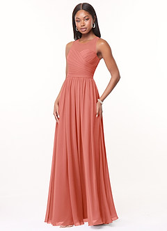 Azazie Nina Bridesmaid Dresses Salmon Pink A-Line Pleated Chiffon Dress image2