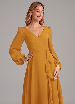 Azazie Simone Abiti da Damigella Abito A-Line in Chiffon Manica Lunga Caramello image7