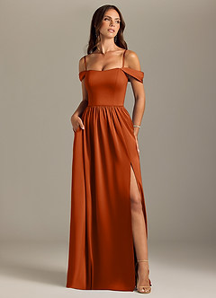 Azazie Calianna Bridesmaid Dresses Burnt Orange A-Line Off the Shoulder Stretch Satin Convertible Dress image5