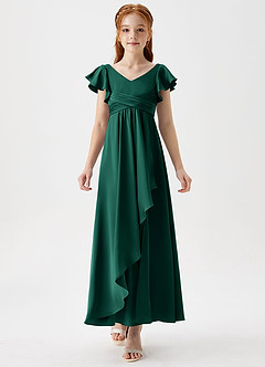 Azazie Omari Junior Emerald A-Line Pleated Stretch Satin Dress image5