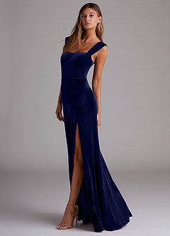 Azazie Junia Jurken voor bruidsmeisjes Converteerbaar Jurk van flueel met Kolom Off the Shoulder Donkere Marine image5
