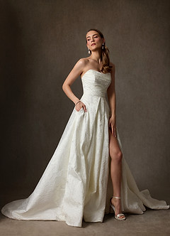Azazie Paloma Wedding Dresses Antique White Ball-Gown Strapless Floral Jacquard Dress image7