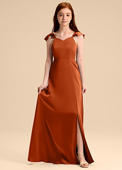 Azazie Everett Junior Abito A-Line in Raso Elasticizzato Fiocco Arancia Bruciata image1