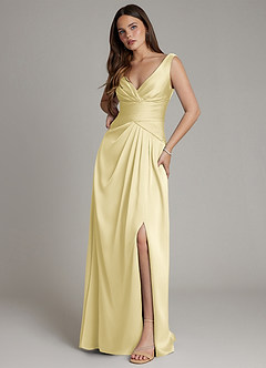 Azazie Pauline Bridesmaid Dresses Lemon Sorbet A-Line Pleated Stretch Satin Dress image5