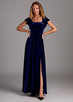 Azazie Bondi Vestidos de damas de honor Vestido de Azul Marino Oscuro de terciopelo de Corte en A con Corte Lateral image4
