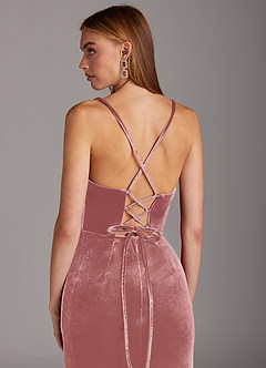 Azazie Kindness Final Sale Dusty Rose Sheath Cowl Neckline Corset Velvet Dress image5