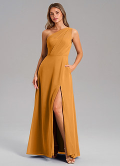 Azazie Phaedra Bridesmaid Dresses Butterscotch A-Line One Shoulder Chiffon Dress image3