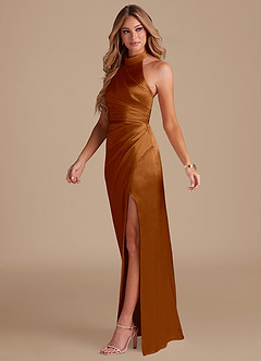 Azazie Jemma Bridesmaid Dresses Copper Sheath Pleated Metallic Satin Dress image4