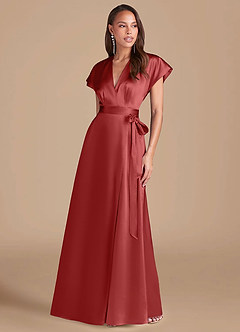 Azazie Nico Bridesmaid Dresses Rust A-Line Pleated Metallic Satin Dress image1