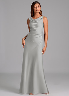 Azazie Nerine 신부 들러리 드레스 A라인 주름진 스트레치 새틴 바닥 길이 드레스 image3