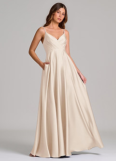 Azazie Amani 신부 들러리 드레스 A라인 주름진 스트레치 새틴 바닥 길이 드레스 image4