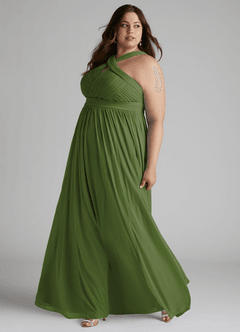Azazie Hillian Abiti da Damigella Abito A-Line in Maglia con Scollo Halter a Pieghe Oliva image10