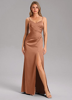 Azazie Azuree Bridesmaid Dresses Bronzer A-Line Pleated Stretch Satin Dress image6