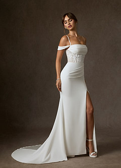 Azazie Alyce Suknie ślubne Syrena Zza ramienia Satyna z tyłu Crepe Pociąg sądowy Sukienka image3