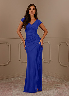 Azazie Roya vestidos de madre de la novia Vestido de Azul Real de Malla de Sirena con Cuello en V plisado image2