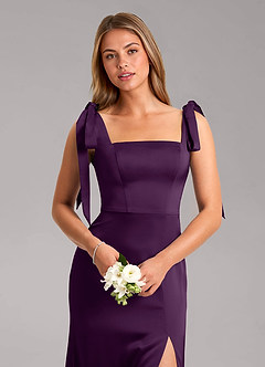 Azazie Frostine Bridesmaid Dresses Grape A-Line Bow Stretch Satin Dress image4