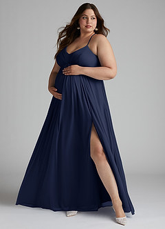 Azazie Annabelle vestidos de dama de honor de maternidad Vestido de Acampanado Cuello en V plisado Largo hasta el piso Malla image7