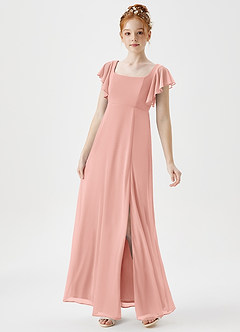 Azazie Bondi Junior Rosette A-Line Side Slit Mesh Dress image3