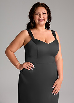 Azazie Denice Bridesmaid Dresses Black Sheath Pleated Stretch Satin Dress image7
