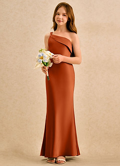 Azazie Almond Girls Formal Sukienki dla dziewczynek sypiących kwiaty Osłona Jedno ramię Satyna elastyczna Długość podłogi Sukienka image3