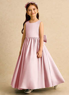 Azazie Nellia Robe Demoiselle D'honneur Fillette Robe Trapèze en Mat Satiné Nœud Rose Poudré image3