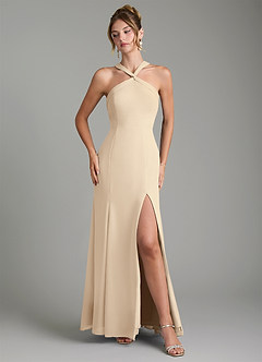 Azazie Rue Bridesmaid Dresses Champagne A-Line Halter Chiffon Dress image4