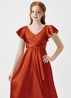 Azazie Omari Junior Paprika A-Line Pleated Metallic Satin Dress image4