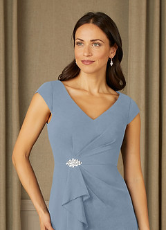 Azazie Nola Mother of the Bride Dresses Dusty Blue Sheath V-Neck Pleated Chiffon Dress image4