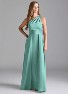 Azazie Dallas Vestidos de damas de honor Vestido de Aqua de Satén Elástico de Corte en A con Hombro unilateral image3