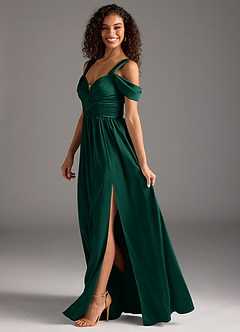 Azazie Lianne Robes de demoiselle d'honneur Robe Trapèze en Satin extensible Épaule décolletée émeraude image7