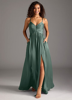 Azazie Alia 신부 들러리 드레스 A라인 주름진 스트레치 새틴 바닥 길이 드레스 image5