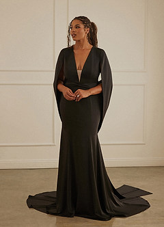 Christian Siriano Bridal for Azazie 2001 Wedding Dresses Plunging Cape Sleeve Crepe Back Satin Mermaid Gown image11