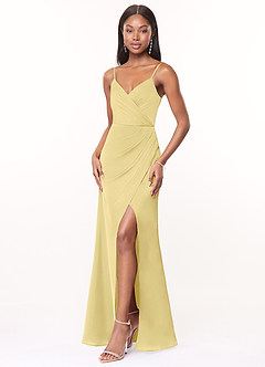 Azazie Maci Bridesmaid Dresses Lemon Sorbet A-Line V-Neck Pleated Stretch Satin Dress image3