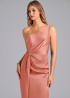 Azazie Naria Bridesmaid Dresses Coral Sheath One Shoulder Stretch Satin Dress image7
