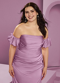 Barbie ♥ Azazie Robes de demoiselle d'honneur Robe Fourreau Convertible en Satin extensible Épaule décolletée Glycine image15