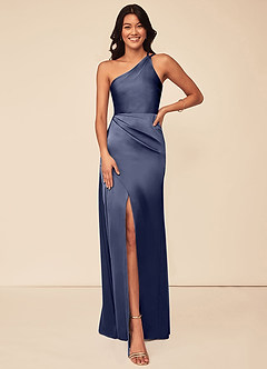 Azazie Maron Robes de demoiselle d'honneur Robe Trapèze en Satin extensible Epaule unique Bleu Orageux image1