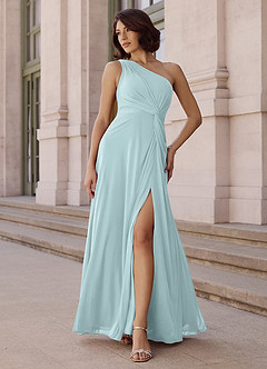 Azazie Brooke Vestidos de damas de honor Vestido de Neblina de Gasa de Corte en A con Hombro unilateral image2