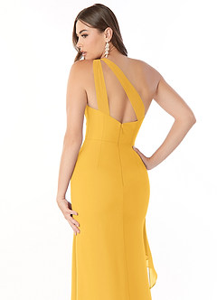Azazie Maive Bridesmaid Dresses Marigold Sheath Pleated Ruffle Chiffon Dress image6