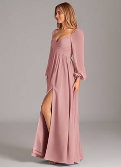 Azazie Alia At-home Try On Dresses Dusty Rose A-Line Long Sleeve Chiffon Dress image3