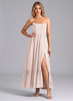 Azazie Leilana Bridesmaid Dresses Blushing Pink A-Line Corset Stretch Satin Dress image4