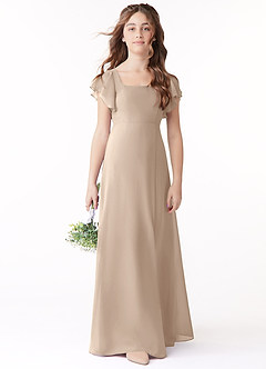 Azazie Bondi Junior Taupe A-Line Bow Chiffon Dress image2