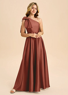 Azazie Penguin Junior Vestido de Castaño de Satén Elástico de Corte en A con Lazo image4