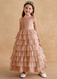 Azazie Twinkle Toes Flower Girl Dresses Champagne Rose A-Line Bow Tulle Dress image2